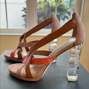 💕🤎LIKE NEW DIANE VON FURSTENBERG IBIZA LEATHER SUEDE CRYSTAL CUT BLOCK HEEL🤎💕